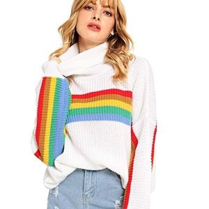 Turtleneck Batwing Sleeve Striped Rainbow Sweater
